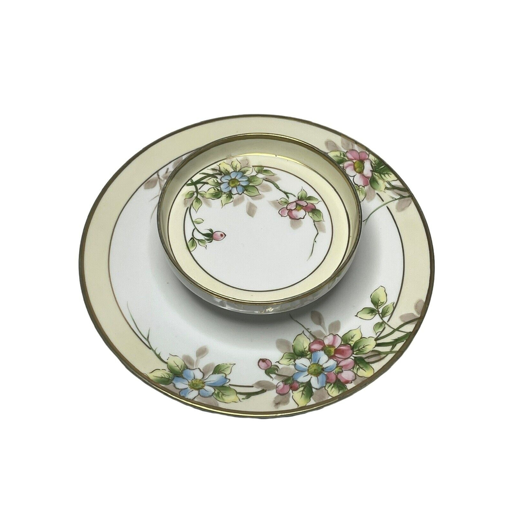 Nippon Hand Painted Flowers Two Tiered Pedestal Serving Plate Chip & Dip 8.75”